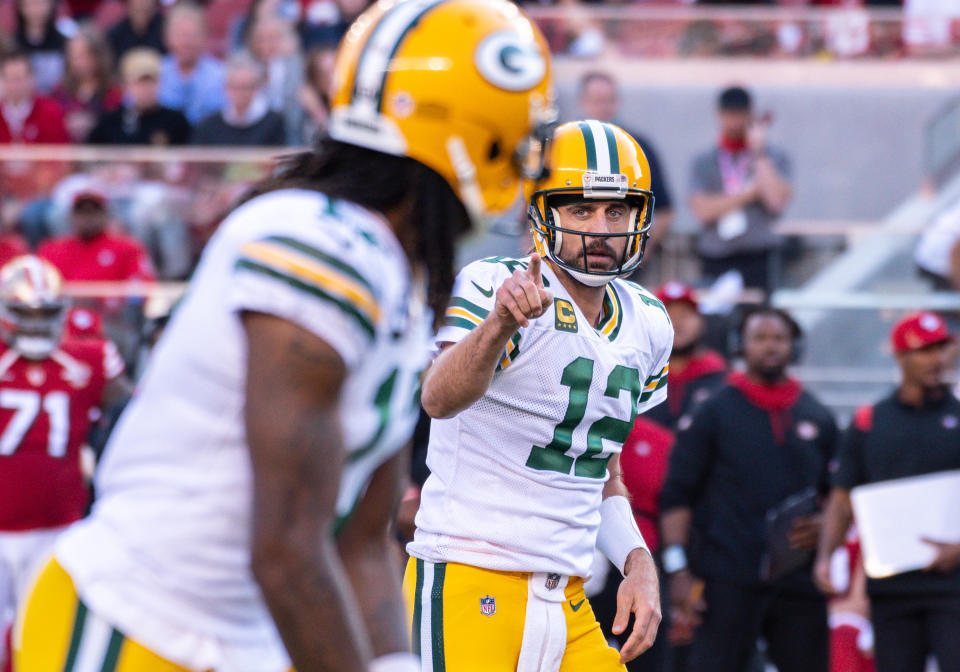SANTA CLARA, CA - SEPTEMBER 26: Green Bay Packers quarterback Aaron Rodgers (12) makes a gesture to Green Bay Packers wide receiver Davante Adams (17) during the NFL football game between the Green Bay Packers and San Francisco 49ers on September 26, 2021 at Levi's Stadium in Santa Clara, CA (Photo by Samuel Stringer/Icon Sportswire via Getty Images)