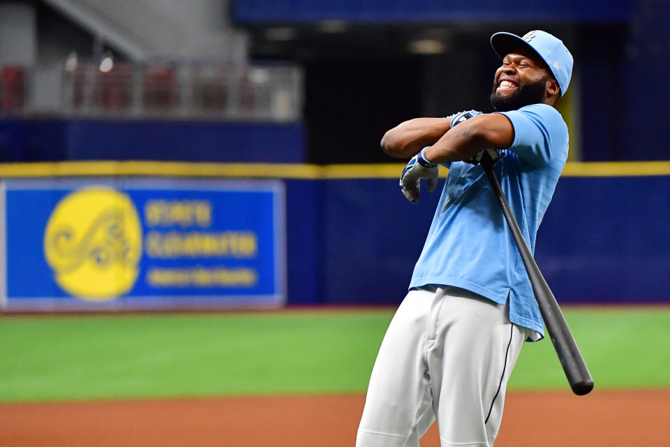 ST PETERSBURG, FLORIDA - JUNE 22: Manuel Margot #13 of the Tampa Bay Rays reacts during batting practice before a game against the Boston Red Sox at Tropicana Field on June 22, 2021 in St Petersburg, Florida. (Photo by Julio Aguilar/Getty Images)