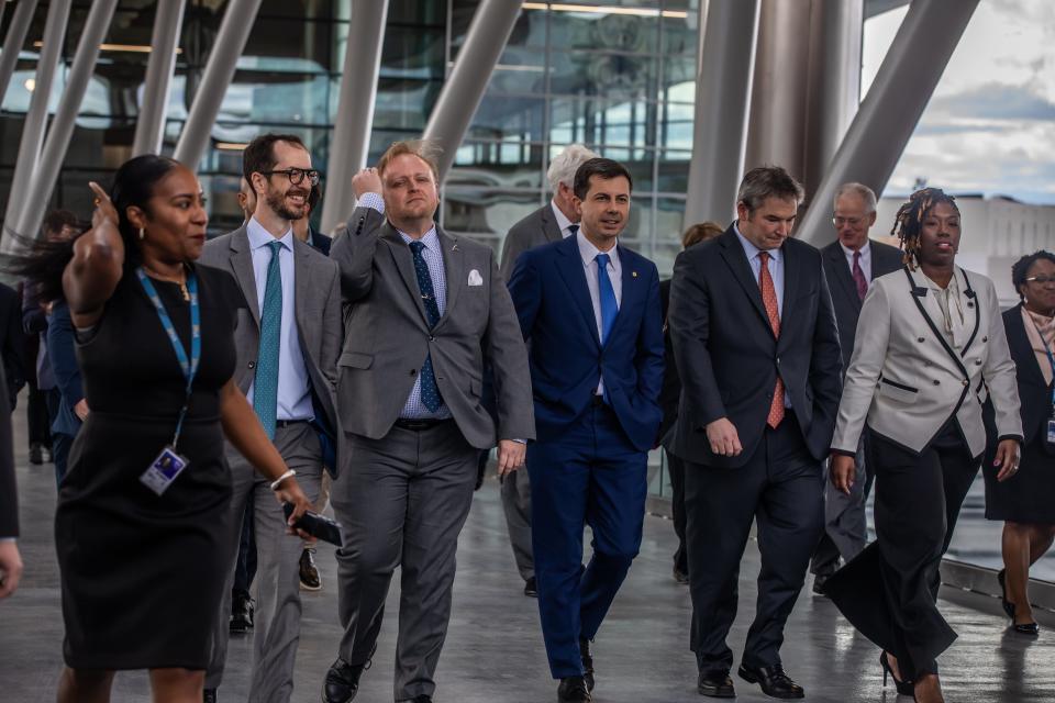 Transportation Secretary Pete Buttigieg tours Nashville’s airport during an event to celebrate a $7 million Airport Terminal Grant awarded to BNA Friday, March 3, 2023.