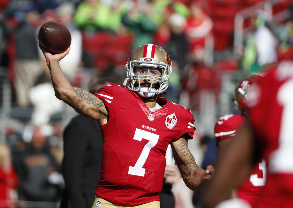 FILE - In this Jan. 1, 2017 file photo, San Francisco 49ers quarterback Colin Kaepernick (7) warms up before an NFL football game against the Seattle Seahawks in Santa Clara, Calif. Washington Redskins coach Jay Gruden says the team "talked about and discussed" bringing in Kaepernick for a tryout "but we will probably go in a different direction." Gruden told reporters during a conference call Tuesday, Dec. 4, 2018 that would there have been "a greater possibility" of considering Kaepernick if the Redskins were in need of a QB in Week 1 rather than at this stage of the season now. (AP Photo/Tony Avelar, File)