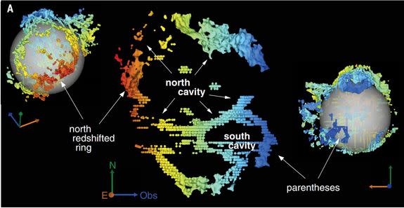 Data from the new observations show the structure of the two largest cavities inside Cassiopeia A. The colors provide an idea of the 3D structure of the material: the blue regions indicate material expanding away from Earth, while red indicates