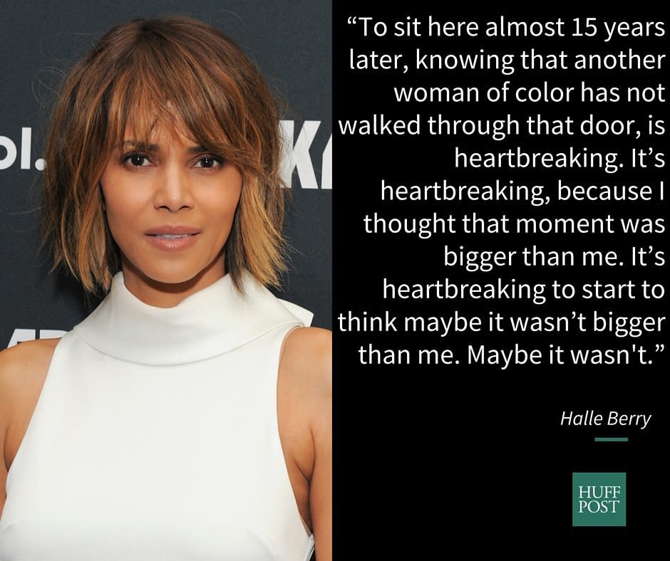 On the fact that she's <a href="http://variety.com/2016/biz/news/halle-berry-oscar-diversity-heartbreaking-1201695905/" target="_blank">still the only black woman to win a Best Actress Academy Award</a>.&nbsp;