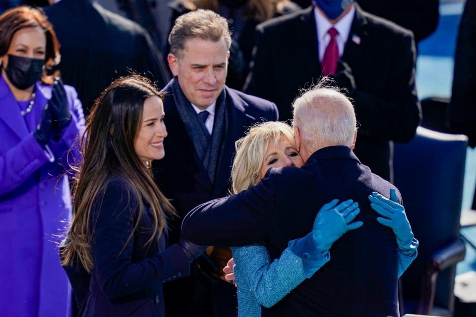 <p>President Joe Biden embraces First Lady Dr. Jill Biden, son Hunter Biden and daughter Ashley after being sworn in. </p>