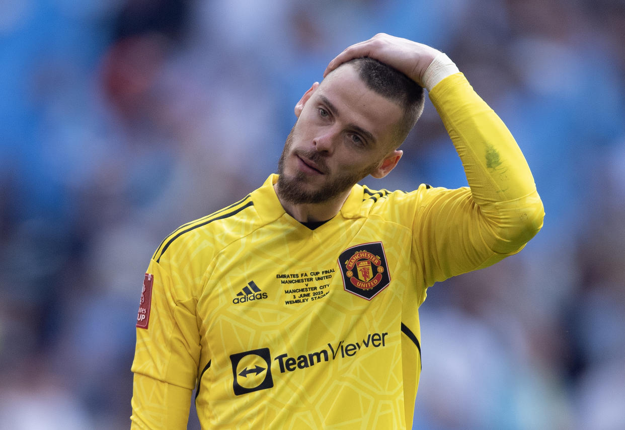 Manchester United goalkeeper David de Gea reacts after losing the FA Cup final against Manchester City. 