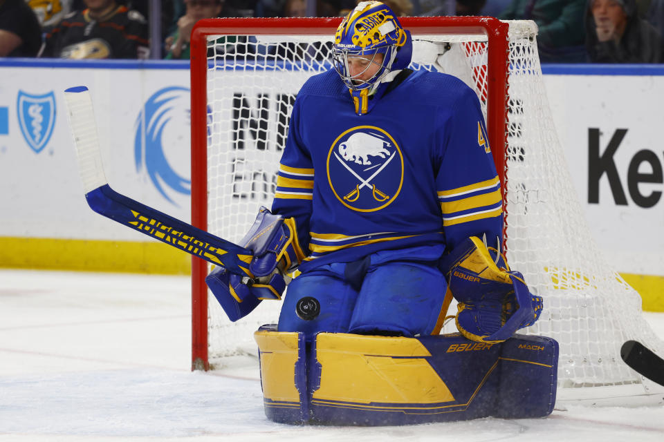 Buffalo Sabres goaltender Craig Anderson (41) makes a pad save during the second period of an NHL hockey game against the Vancouver Canucks, Tuesday, Nov. 15, 2022, in Buffalo, N.Y. (AP Photo/Jeffrey T. Barnes)