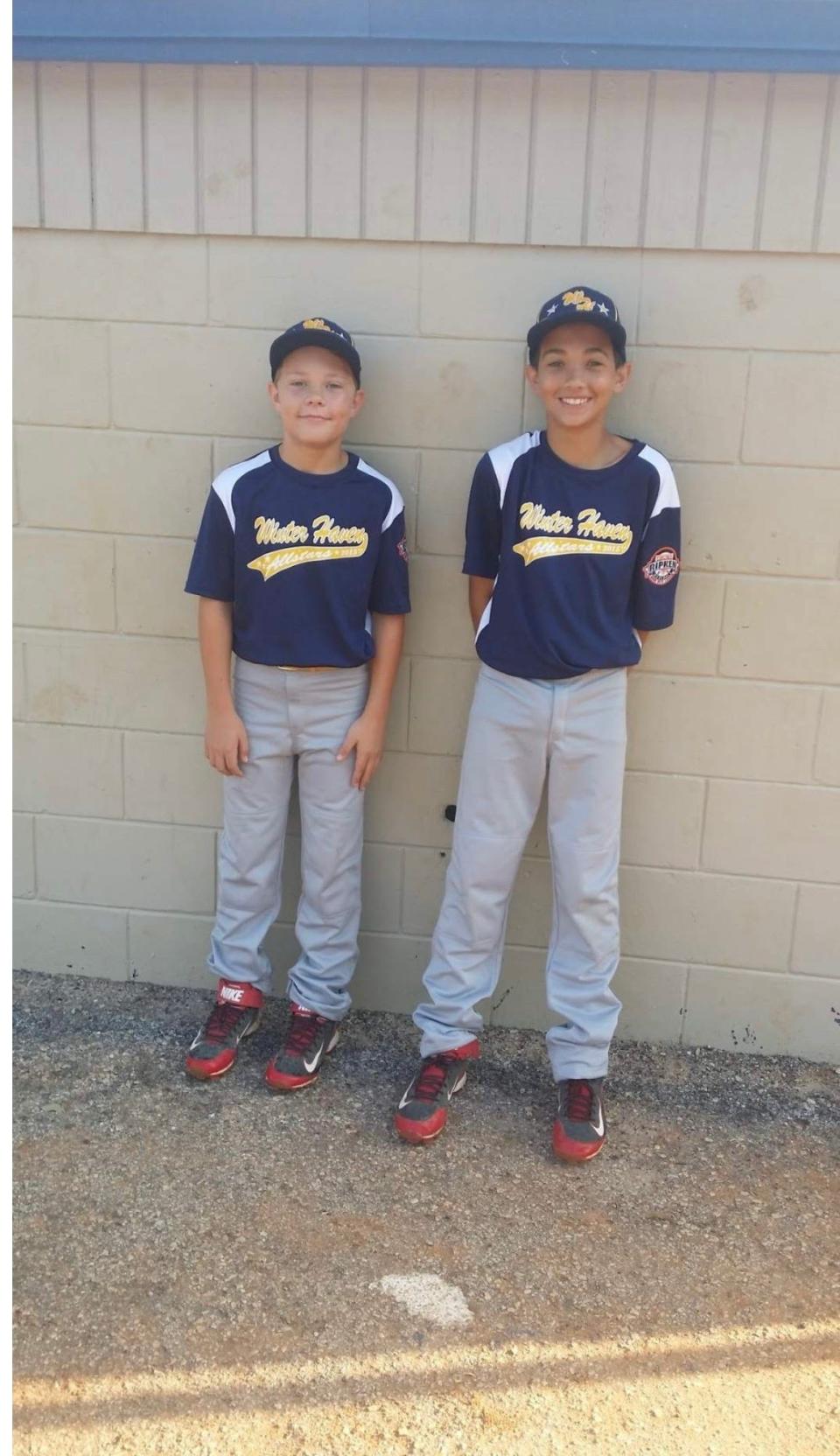 Mac McClelland, left, and Brock Joyce stand together after a Kid Pitch all-star game in 2015.