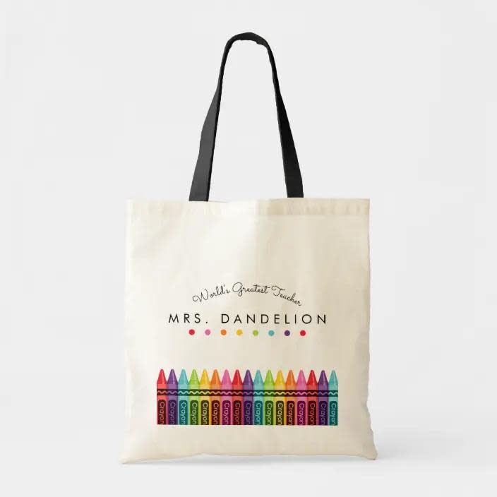 <p><a href="https://go.redirectingat.com?id=74968X1596630&url=https%3A%2F%2Fwww.zazzle.com%2Frainbow_crayons_kindergarten_teacher_gift_tote_bag-149586481099785770&sref=https%3A%2F%2Fwww.thepioneerwoman.com%2Fholidays-celebrations%2Fgifts%2Fg38711535%2Fteacher-valentine-gifts%2F" rel="nofollow noopener" target="_blank" data-ylk="slk:Shop Now;elm:context_link;itc:0;sec:content-canvas" class="link ">Shop Now</a></p><p>Rainbow Crayons Tote Bag</p><p>zazzle.com</p><p>$10.60</p><span class="copyright">Zazzle</span>