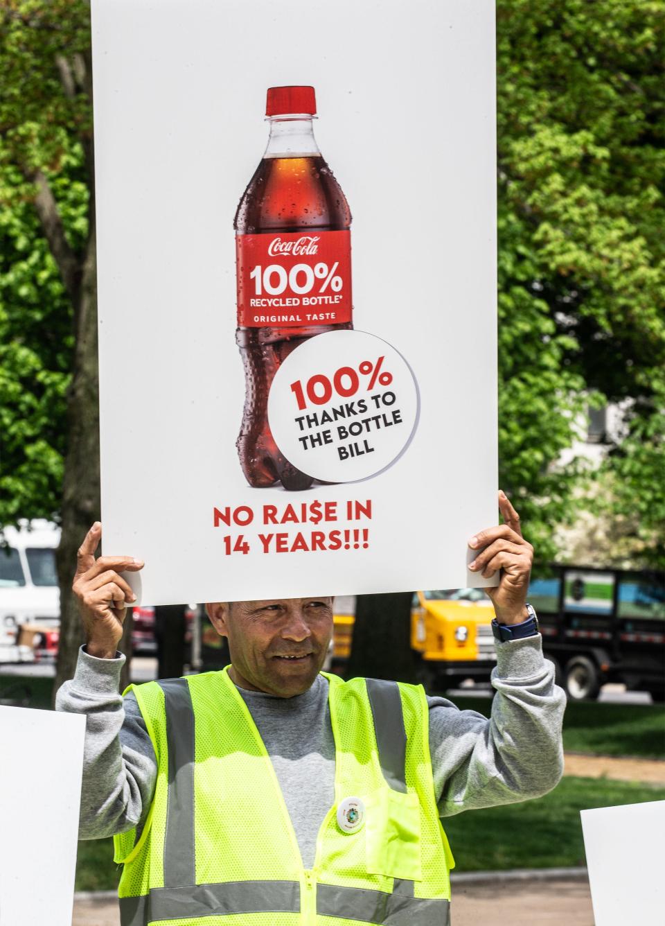 Victor Guttierez of New York City was among dozens of bottle collectors who joined others from the redemption industry outside the New York State Capitol in Albany May 6, 2024 to call for the passage of bills that would modernize the New York State Bottle Bill. Among the changes in the law that bottle collectors, owners of redemption centers, and environmental groups want to see is the deposit fee raised to 10 cents from the present five cents per bottle. They also want to see an increase in the number of containers that are eligible for deposit.