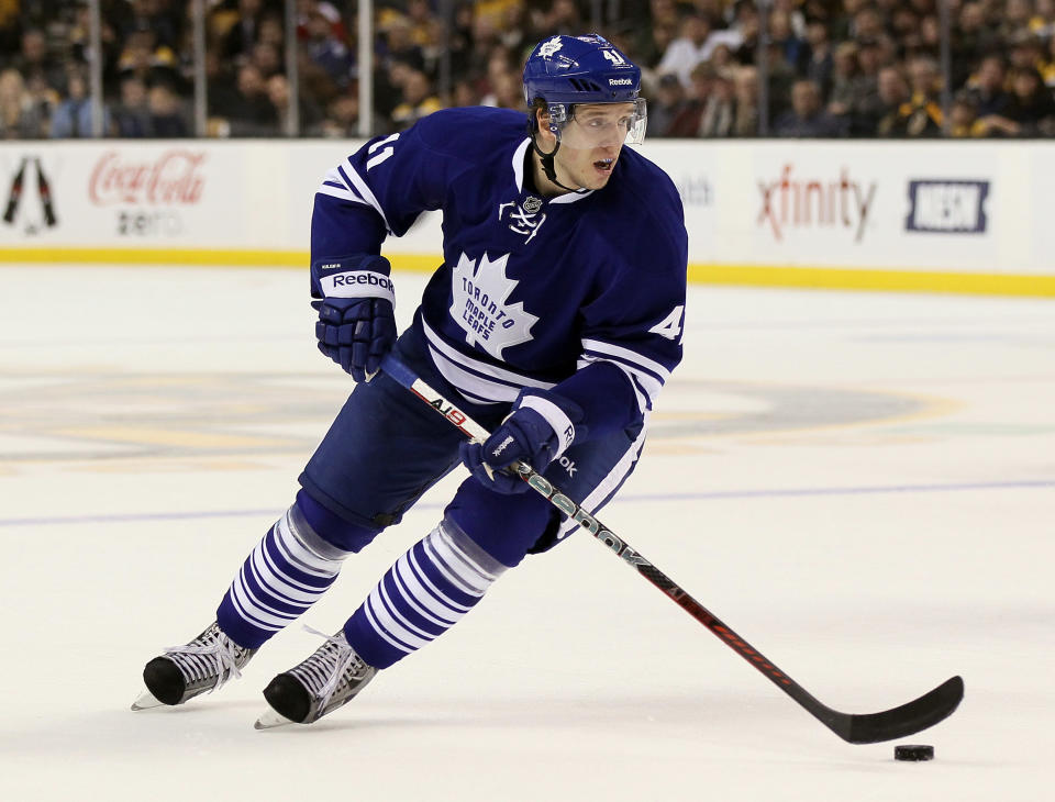 BOSTON, MA - DECEMBER 03: Nikolai Kulemin #41 of the Toronto Maple Leafs heads for the net in the second period against the Boston Bruins on December 3, 2011 at TD Garden in Boston, Massachusetts. (Photo by Elsa/Getty Images)