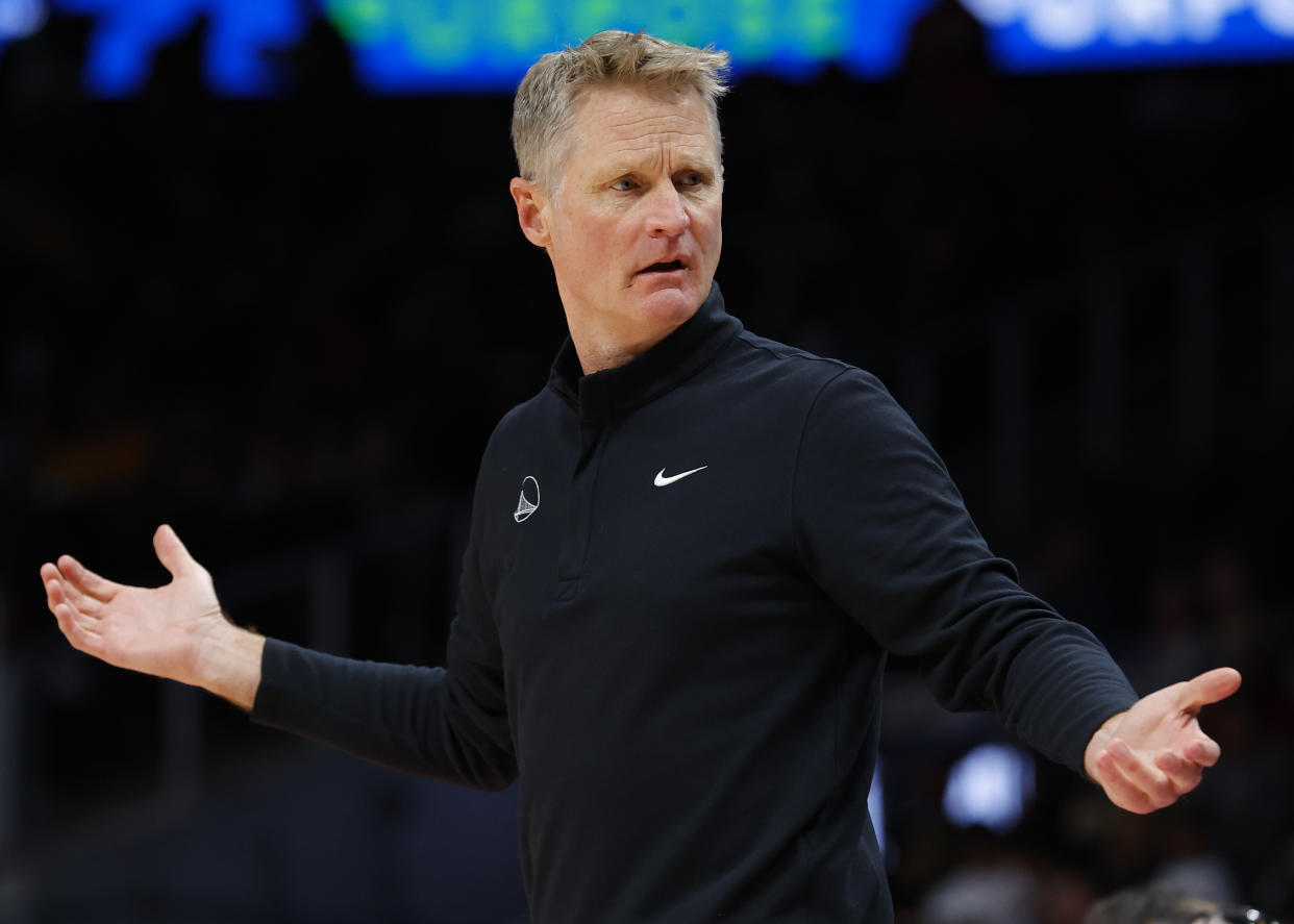 ATLANTA, GA - MARCH 25: Head Coach Steve Kerr of the Golden State Warriors reacts during the first half against the Atlanta Hawks at State Farm Arena on March 25, 2022 in Atlanta, Georgia. NOTE TO USER: User expressly acknowledges and agrees that, by downloading and or using this photograph, User is consenting to the terms and conditions of the Getty Images License Agreement. (Photo by Todd Kirkland/Getty Images)