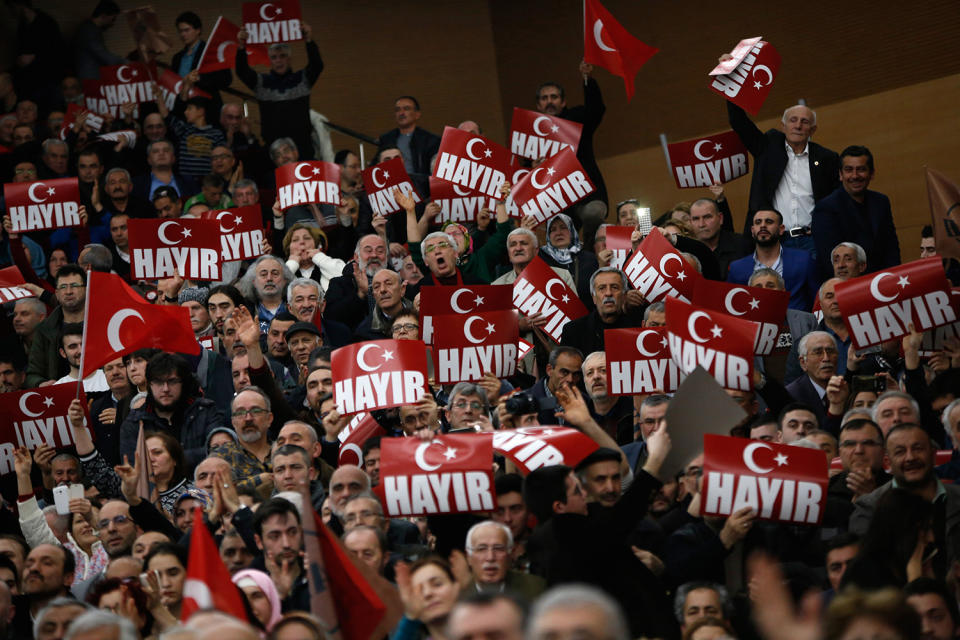 <p>Members of Nationalist Movement Party shouts slogans and hold banners reading in Turkish ‘No’ during a gathering to start a campaign for ‘Vote No’ on constitution referendum, in Ankara, Turkey, Feb. 18, 2017. (Photo: Tumay Berkin/EPA) </p>