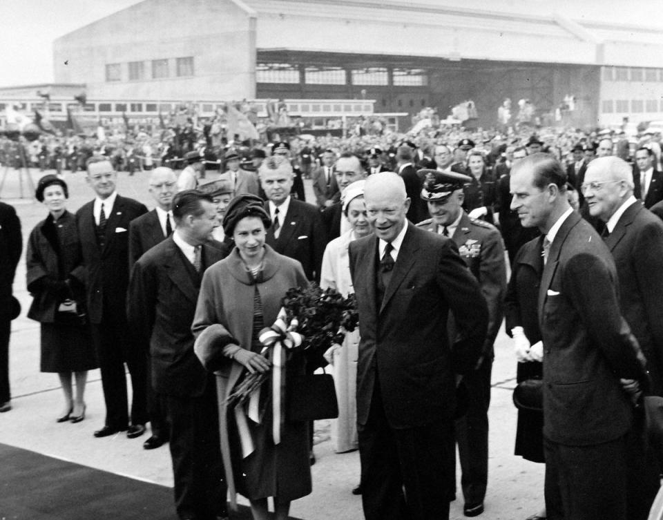 President Eisenhower talks to Queen Elizabeth and Prince Philip during her first state visit to the US in October 1957 (National Museum of the US Navy/US Department of Defense/Reuters)