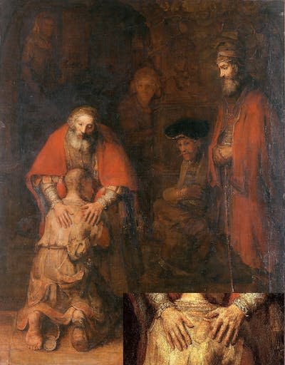 Pintura de <em>El retorno del hijo pródigo</em>, de Rembrandt, con un detalle de las manos. <a href="https://commons.wikimedia.org/wiki/File:Rembrandt_Harmensz._van_Rijn_-_The_Return_of_the_Prodigal_Son.jpg" rel="nofollow noopener" target="_blank" data-ylk="slk:Hermitage Museum/Wikimedia Commons;elm:context_link;itc:0;sec:content-canvas" class="link ">Hermitage Museum/Wikimedia Commons</a>