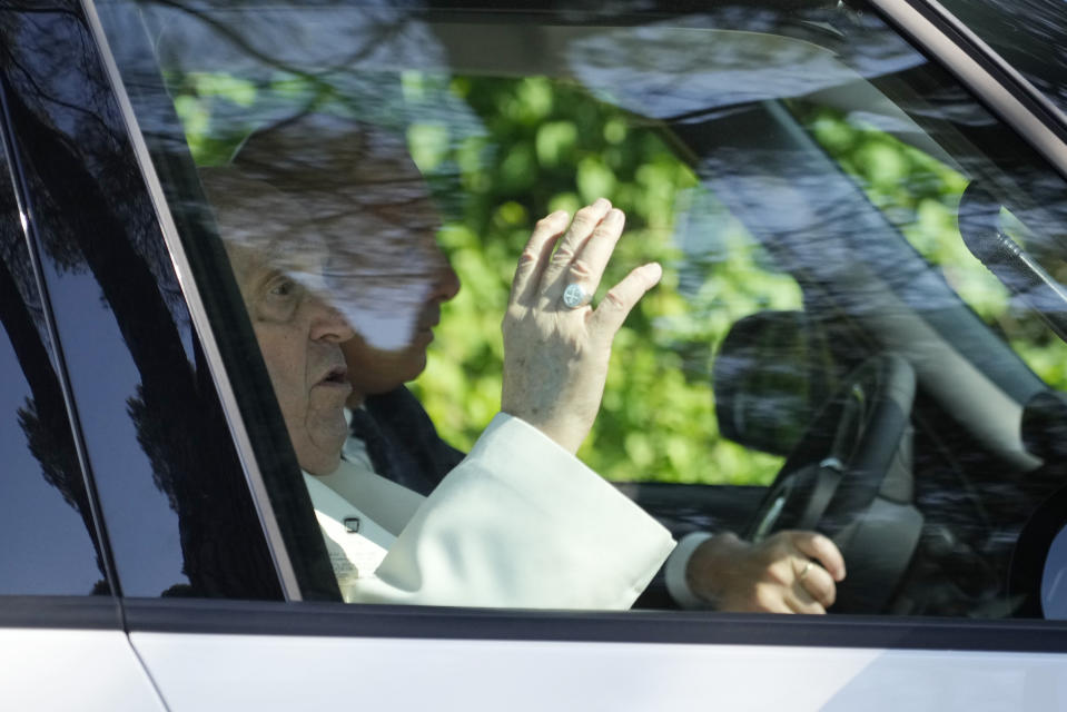 Pope Francis arrives in the juvenile prison of Casal del Marmo to preside the Mass of the Lord's Supper, commemorating the Last Supper of Jesus with the disciples, in Rome, Thursday, April 6, 2023. (AP Photo/Gregorio Borgia)