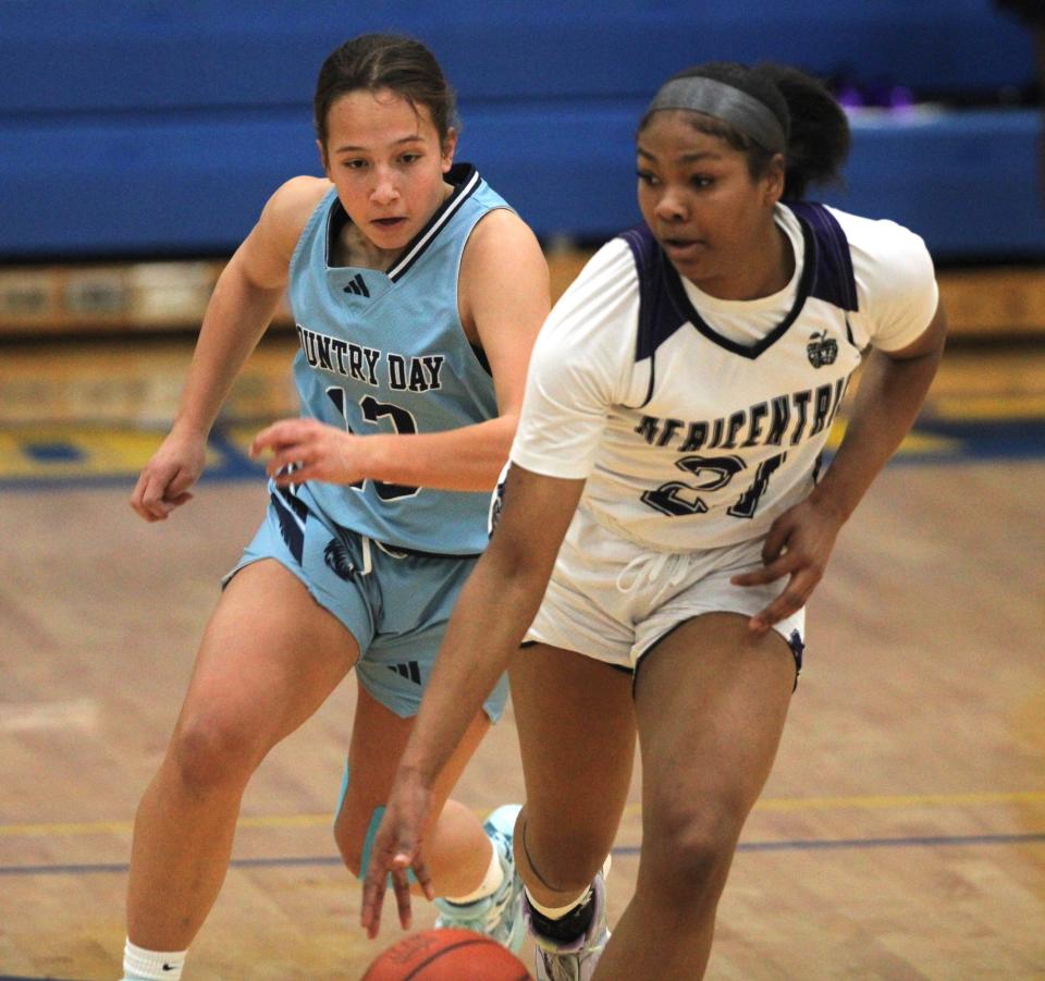 CCD freshman Audrey de Alarcon pressures her opponent as Cincinnati Country Day lost 61-50 to Columbus Africentric in an OHSAA Division III girls basketball regional semifinal March 6, 2024 at Springfield High School.