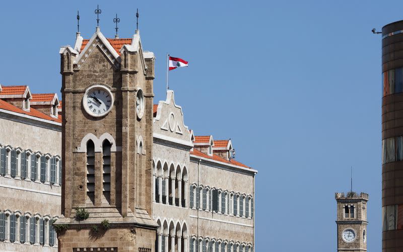 Clock towers are pictured near the government palace in Beirut