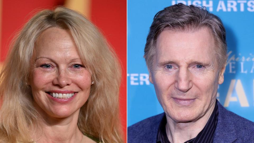 PHOTO:  Pamela Anderson attends an event on March 10, 2024, in Beverly Hills, Calif. | In this Nov. 17, 2023, file photo, Liam Neeson attends an event in New York. (Karwai Tang/WireImage via Getty Images | Michael Loccisano/Getty Images)