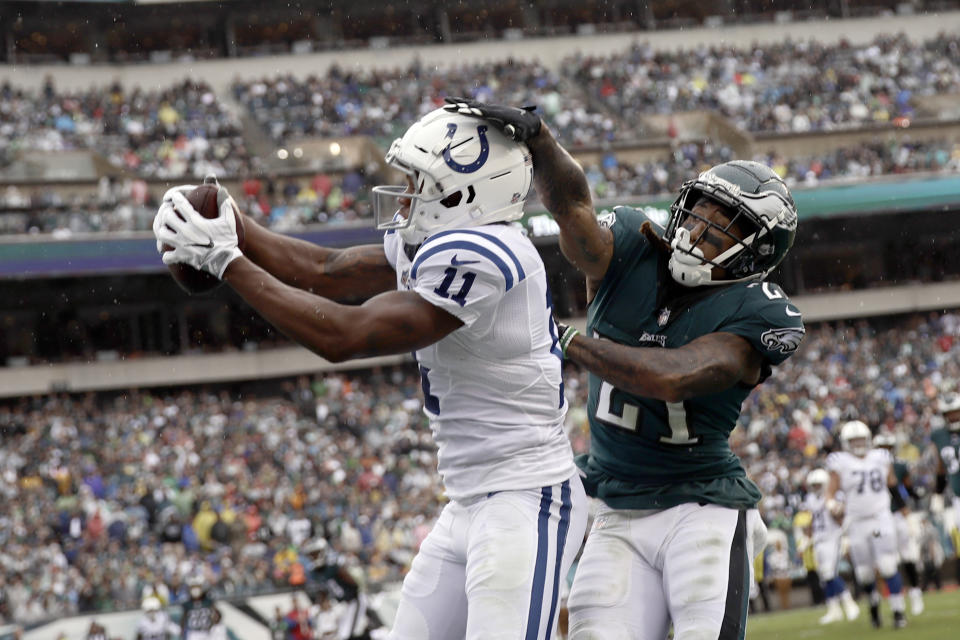 Indianapolis Colts' Ryan Grant (11) catches a touchdown pass against Philadelphia Eagles' Ronald Darby (21) during the first half of an NFL football game, Sunday, Sept. 23, 2018, in Philadelphia. (AP Photo/Matt Rourke)