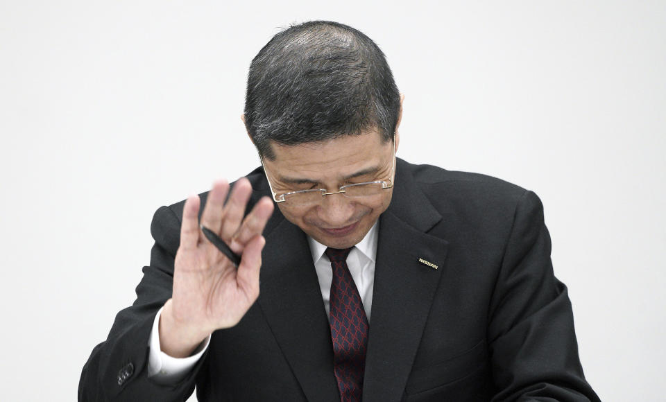 Nissan Motor Co. President and Chief Executive Officer Hiroto Saikawa gestures during a press conference at Nissan Motor Co. Global Headquarter in Yokohama, near Tokyo Thursday, Jan. 24, 2019. (AP Photo/Eugene Hoshiko)