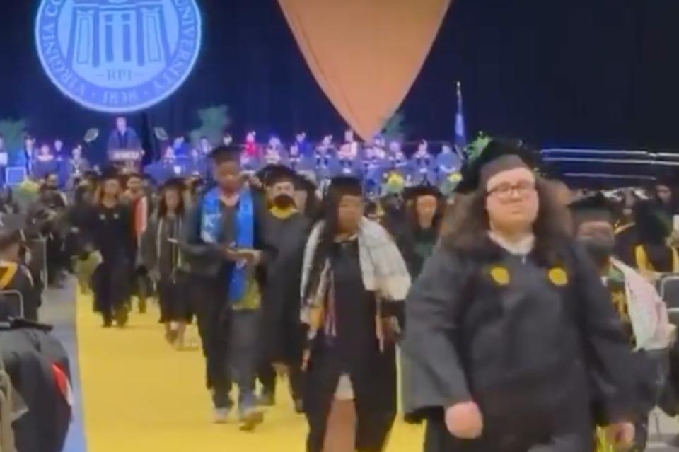Virginia Commonwealth University students walked out of their graduation ceremony during Virginia Governor Glenn Youngkin’s  commencement address on Saturday (National Students for Justice in Palestine)