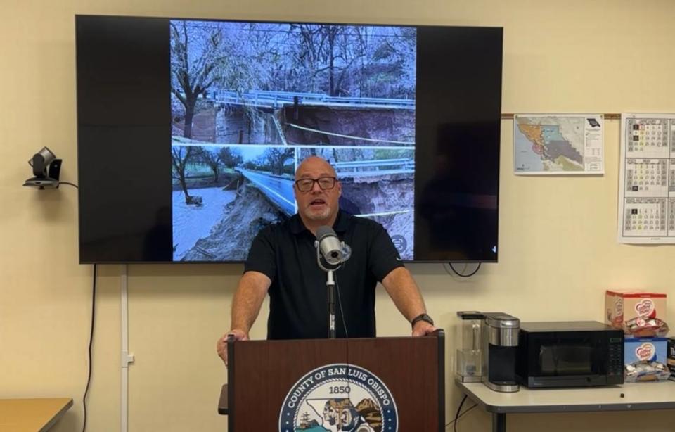 Scott Jalbert, emergency services manager for San Luis Obispo County, speaks at a news conference on Thursday, Jan. 12, 2023, warning residents to be careful as the next storm approached.