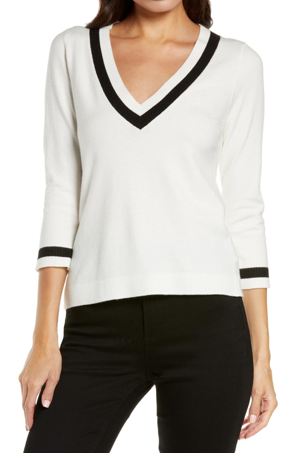 L'AGENCE Axelle Contrast Border V-Neck Sweater