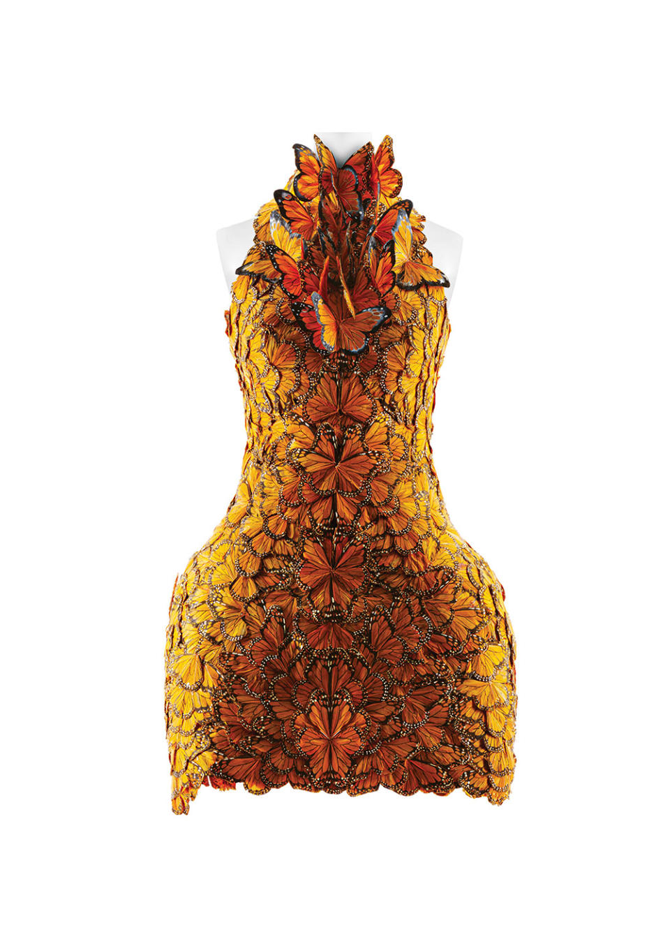 On display will be Sarah Burton’s 2011 butterfly-embellished dress for Alexander McQueen, a design worn by Elizabeth Banks in The Hunger Games.