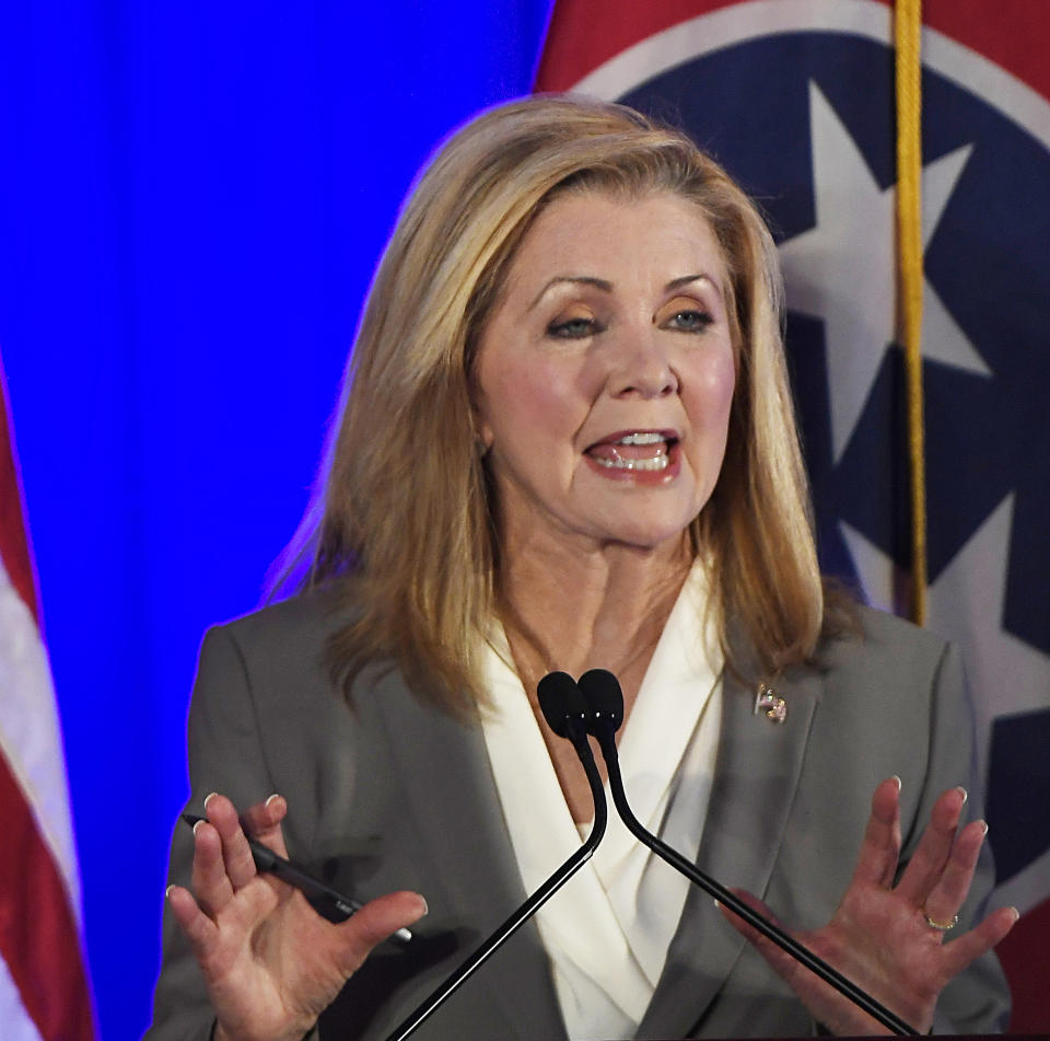 Republican candidate Marsha Blackburn speaks at the 2018 Tennessee U.S. Senate Debate against Democratic candidate and former Gov. Phil Bredesen at Cumberland University Tuesday, Sept. 25, 2018, in Lebanon, Tenn. (Lacy Atkins/The Tennessean via AP, Pool)