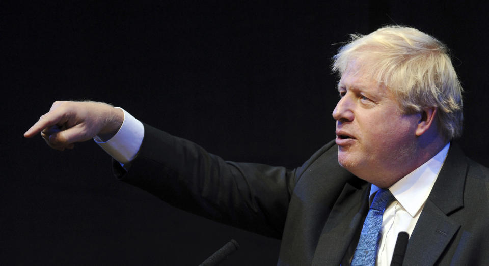 British Conservative Party Member of Parliament Boris Johnson speaks at a fringe event during the Conservative Party annual conference at the International Convention Centre, in Birmingham, England, Tuesday, Oct. 2, 2018. (AP Photo/Rui Vieira)