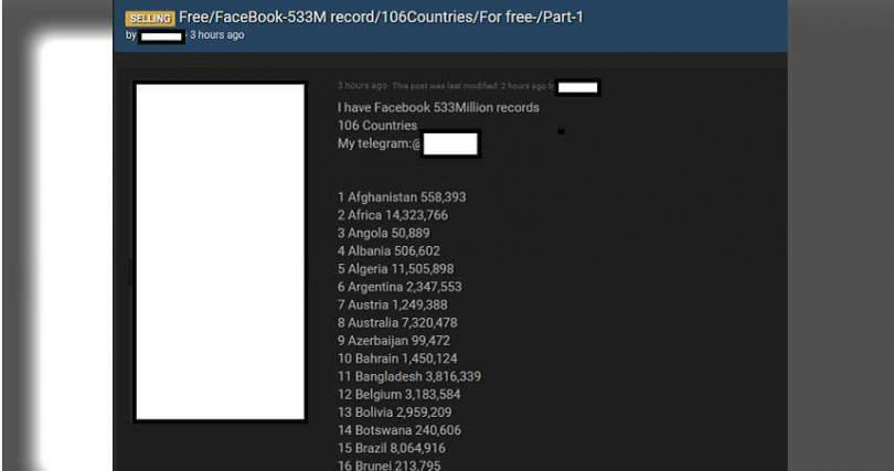 一個初階的駭客論壇有人外流5.33億筆FB用戶資料。（圖／翻攝自推特）