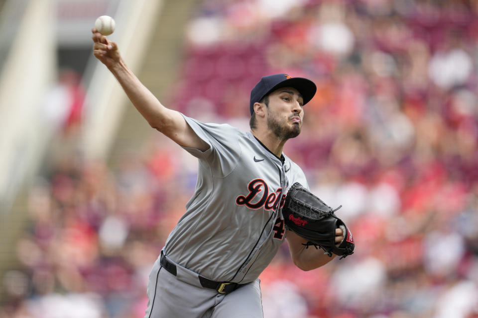 Detroit Tigers pitcher Alex Faedo throws in the first inning of a baseball game against the Cincinnati Reds in Cincinnati, Saturday, July 6, 2024. (AP Photo/Jeff Dean)