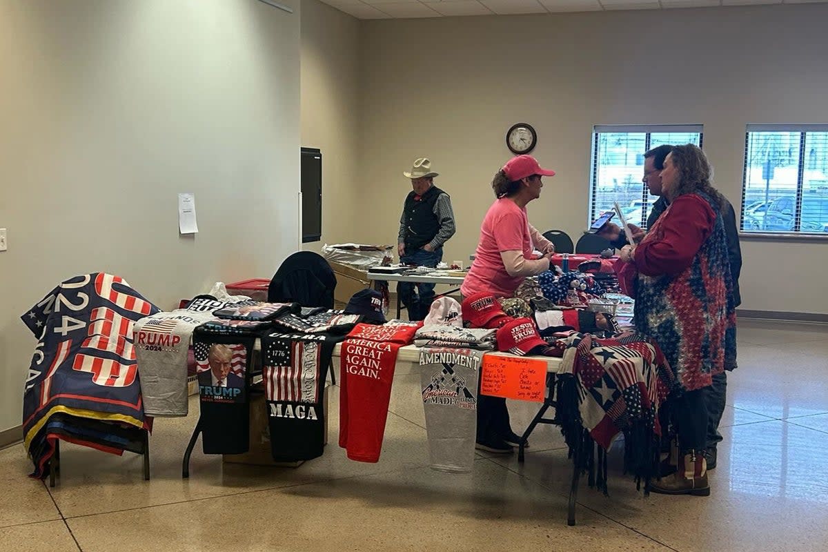 The Holyoke candidate event featured tables selling Trump swag and promoting Rocky Mountain Gun Owners – but attending conservatives still failed to pick Boebert as the winner of the straw poll, which was won by opponent Jerry Sonnenberg, whose family has worked the land in the district for generations (Sheila Flynn/The Independent)