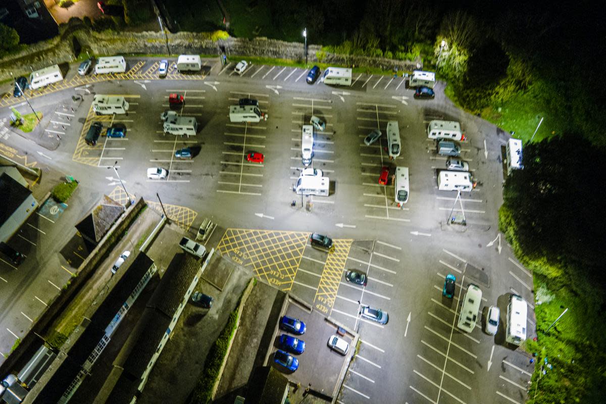 This drone image shows camper vans and caravans in the Dell car park, Chepstow. <i>(Image: Submitted)</i>
