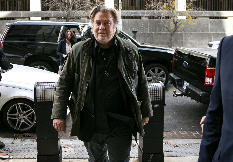 FILE - In this Nov. 8, 2019 file photo, former White House strategist Steve Bannon arrives to testify at the trial of Roger Stone, at federal court in Washington. Bannon was arrested Thursday, Aug. 20, 2020, on charges that he and three others ripped off donors to an online fundraising scheme “We Build The Wall.” The charges were contained in an indictment unsealed in Manhattan federal court. (AP Photo/Al Drago, File)