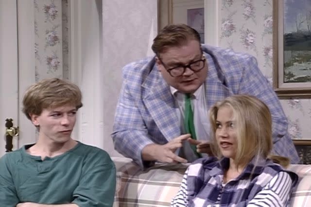 <p>NBC</p> Chris Farley, David Spade, Christina Applegate on 'SNL'