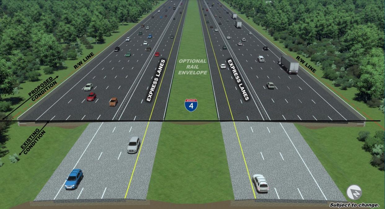 The Polk County project will add tolled express lanes in the median of I-4 from just west of U.S. 27 to Championsgate, two going in each direction. The express lanes will require drivers to have transponders for tolling in their vehicles or face fines