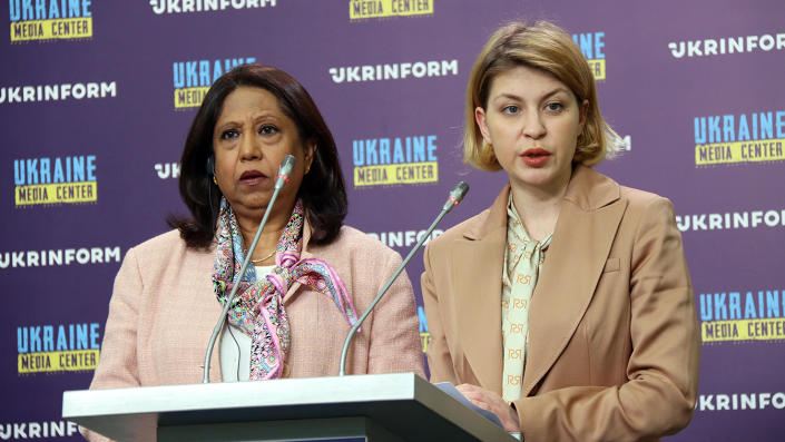 U.N. Special Representative on Sexual Violence in Conflict Pramila Patten and Deputy Prime Minister for European and Euro-Atlantic Integration of Ukraine Olha Stefanishyna stand together at a podium.