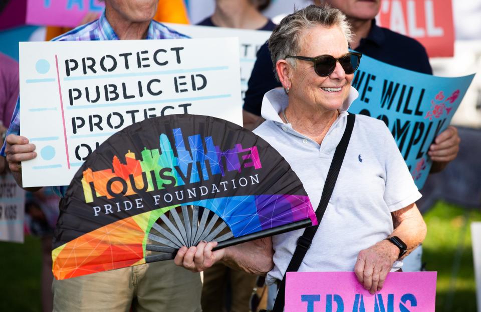 Protesters rallied outside the JCPS VanHoose Center ahead of the Tuesday board meeting, urging JCPS leaders to fight against SB 150. May 23, 2023