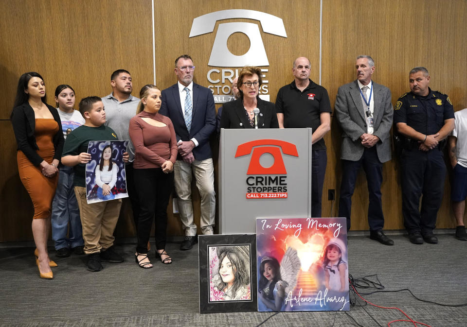 Harris County District Attorney Kim Ogg speaks along with the family of Arlene Alvarez during a press conference to discuss the indictment of Tony Earls in the death of the 9-year-old in 2022 at Crime Stoppers on Wednesday, April 24, 2024, in Houston. (Karen Warren/Houston Chronicle via AP)