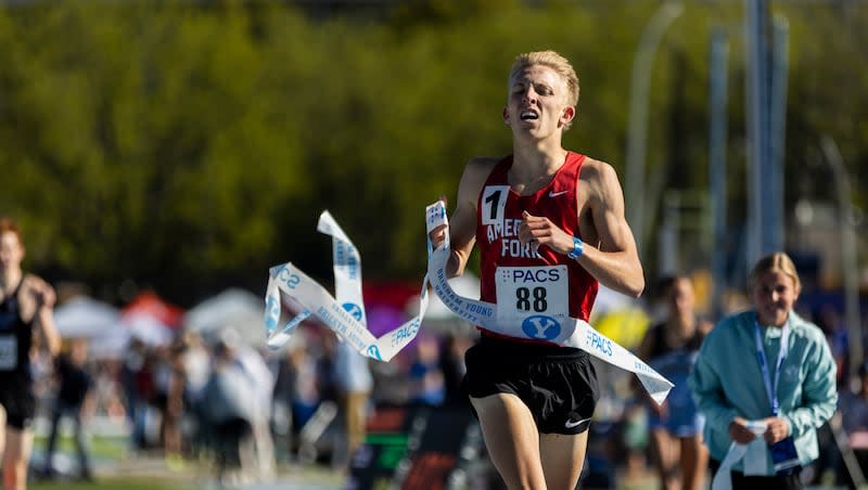 Daniel Simmons of American Fork crosses the finish line of the 1600 during the BYU Invitational at the Track and Field Complex in Provo, on Saturday May 4, 2024. Simmons won with a time of 4:01:87 making it a new state record.