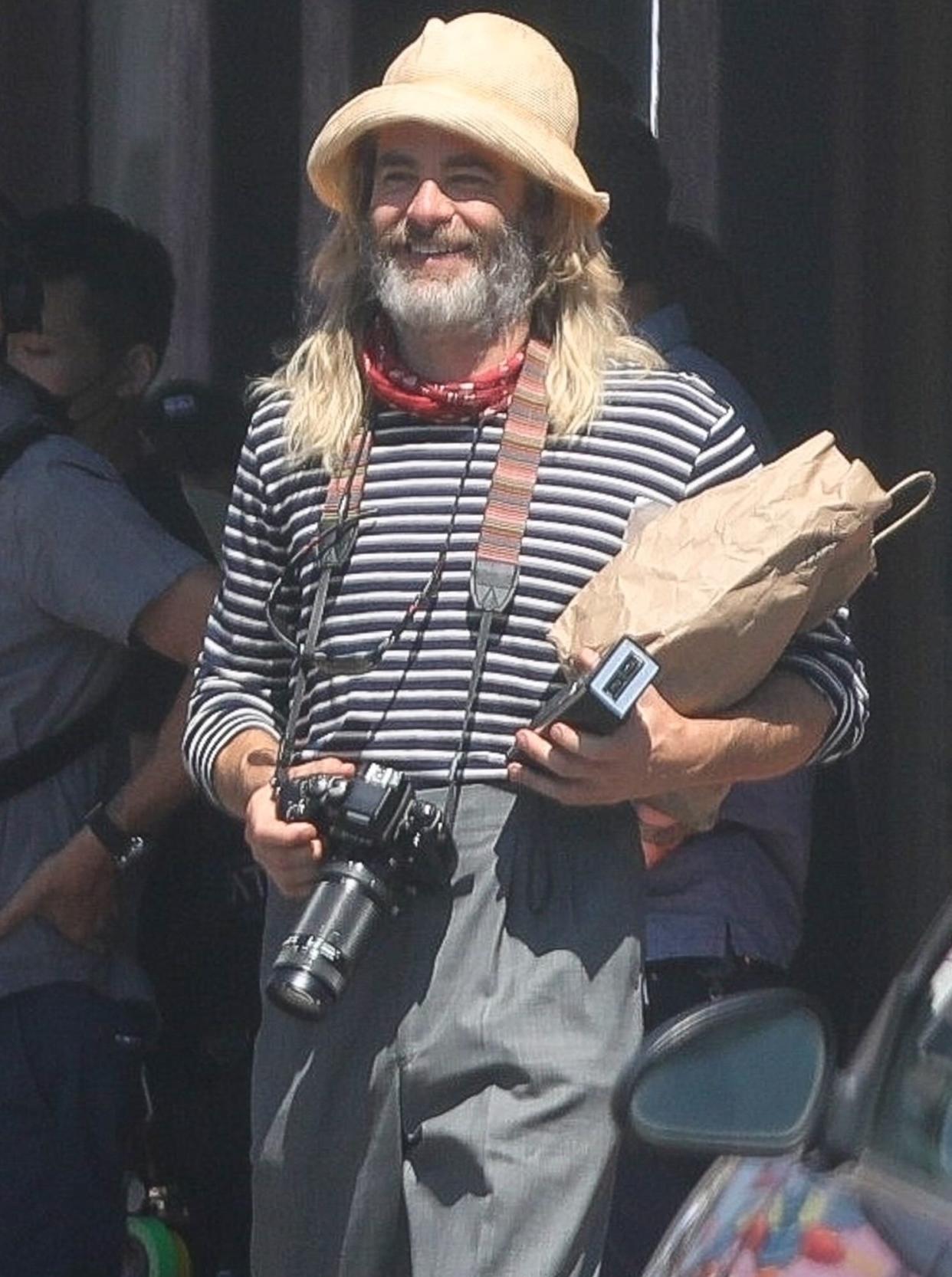 Chris Pine and Danny DeVito shooting scenes for Chris' directorial debut movie 'Poolman' in Los Angeles