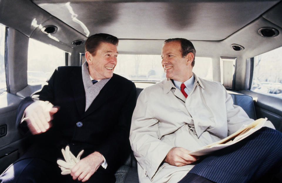 WASHINGTON, DC -- CIRCA 1981: President Ronald Reagan (L) and his Chief of Staff, James Baker, ride in the presidential limousine in 1981, in Washington, DC. (Photo by David Hume Kennerly/Getty Images)