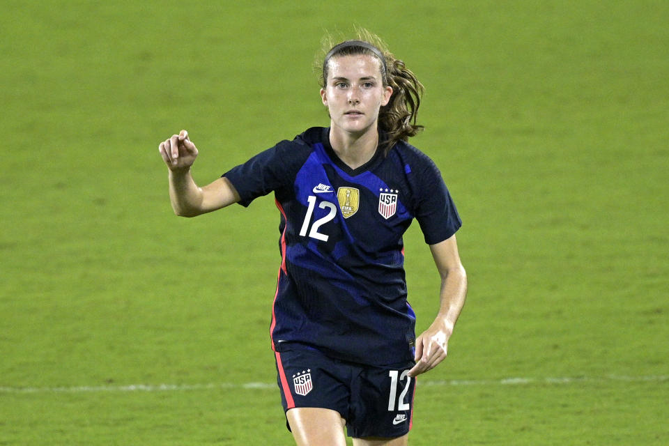 FILE - United States defender Tierna Davidson (12) plays during the second half of a SheBelieves Cup women's soccer match against Argentina, Wednesday, Feb. 24, 2021, in Orlando, Fla. While the women's national team fought for and won its landmark equal pay contract with U.S. Soccer last spring, defender Tierna Davidson believes there is so much more to be done. (AP Photo/Phelan M. Ebenhack, File)