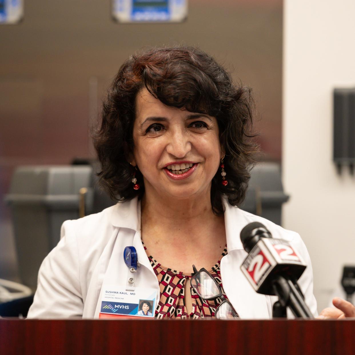 Sushma Kaul speaks inside an operating room inside the Wynn Hospital in Utica, NY on Wednesday, April 24, 2024.