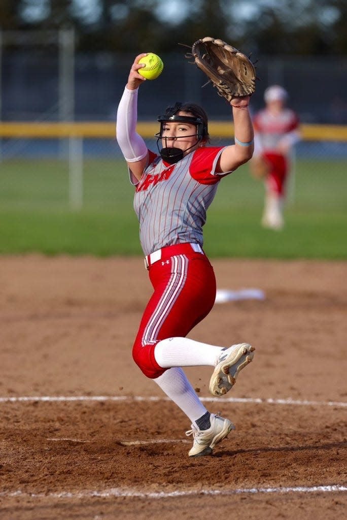 Kharime “Mims” Caratachea of Ripon softball pitches during one of the Indians 2022-23 season.