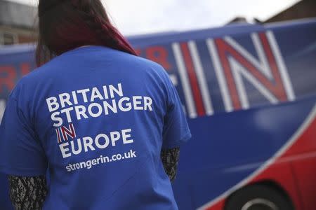 A students poses for a picture at the launch of the 'Brighter Future In' campaign bus at Exeter University in Exeter, Britain April 7, 2016. REUTERS/Dan Kitwood/Pool
