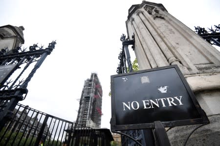 A no entry sign is seen outside the Houses of Parliament in London