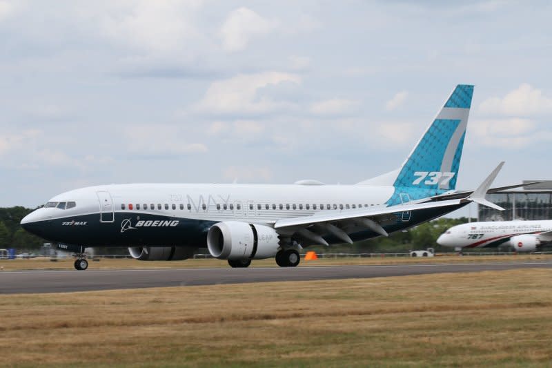 A Boeing Max 737 is seen on display at the Farnborough International Air Show in Farnborough, United Kingdom on July 18, 2018. Officials are investigating an incident Friday in which a panel on one of Alaska Airlines' 737 Max aircraft separated from the fuselage, creating a huge hole in the plane mid-flight. Photo by Cityswift/Flickr