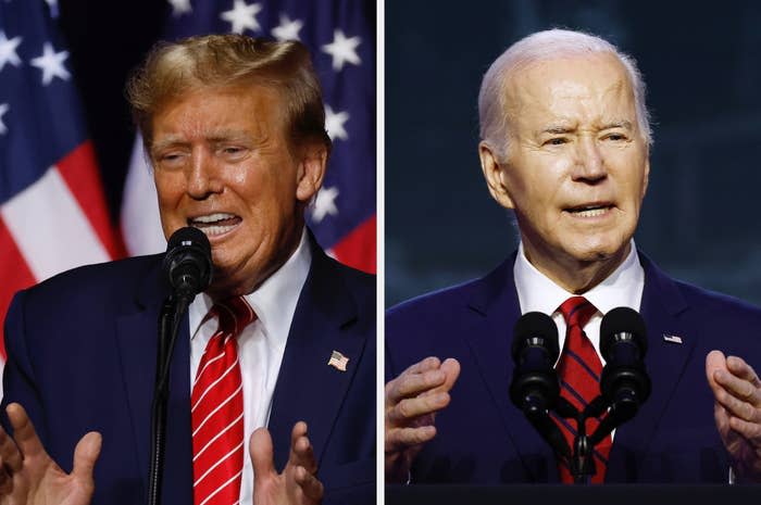 Two men giving speeches, one gesturing with hands, both wearing suits and ties