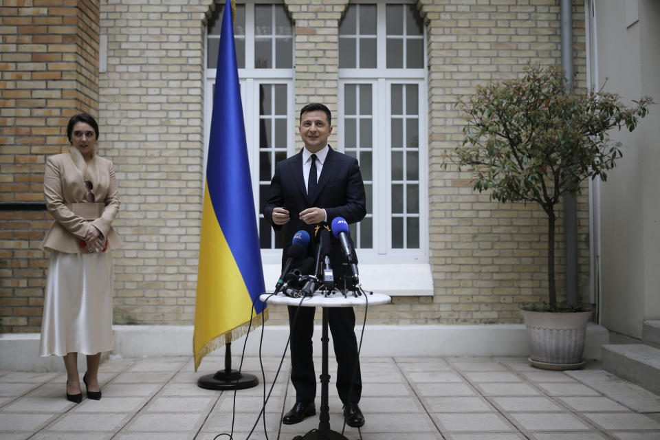 Ukrainian President Volodymyr Zelenskyy holds a press conference at the Ukrainian Embassy to France, Friday, April 16, 2021, in Paris. Ukrainian President Volodymyr Zelenskyy held talks with French President Emmanuel Macron and German Chancellor Angela Merkel amid his country's growing tensions with neighboring Russia, which has deployed troops near its border with Ukraine.(AP Photo/Lewis Joly)